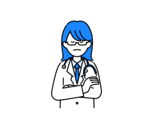 白衣を着て腕を組んで悩む女性医師のイラスト