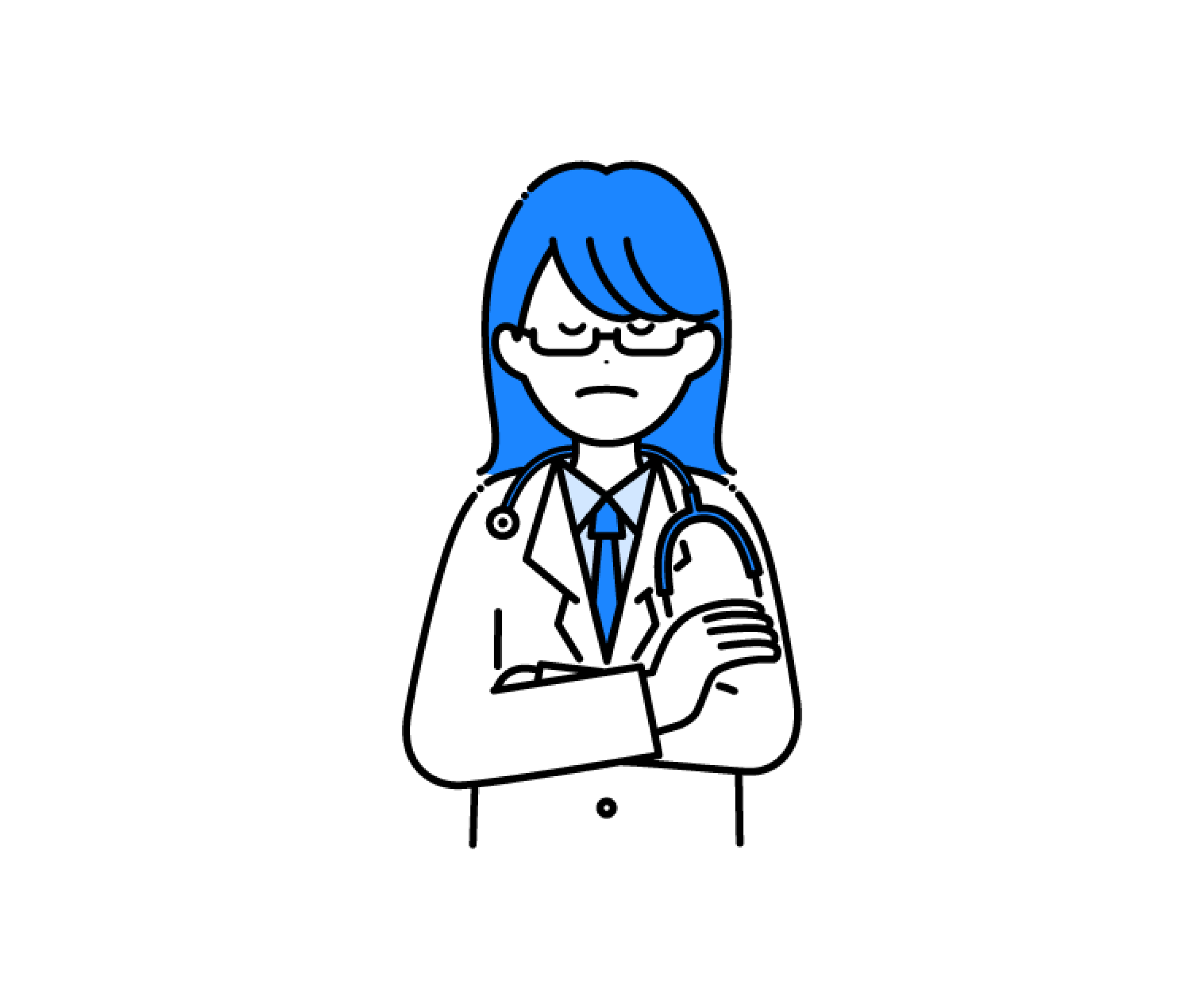 白衣を着て腕を組んで悩む女性医師のイラスト