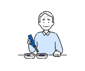 箸でリハビリをする高齢男性のイラスト